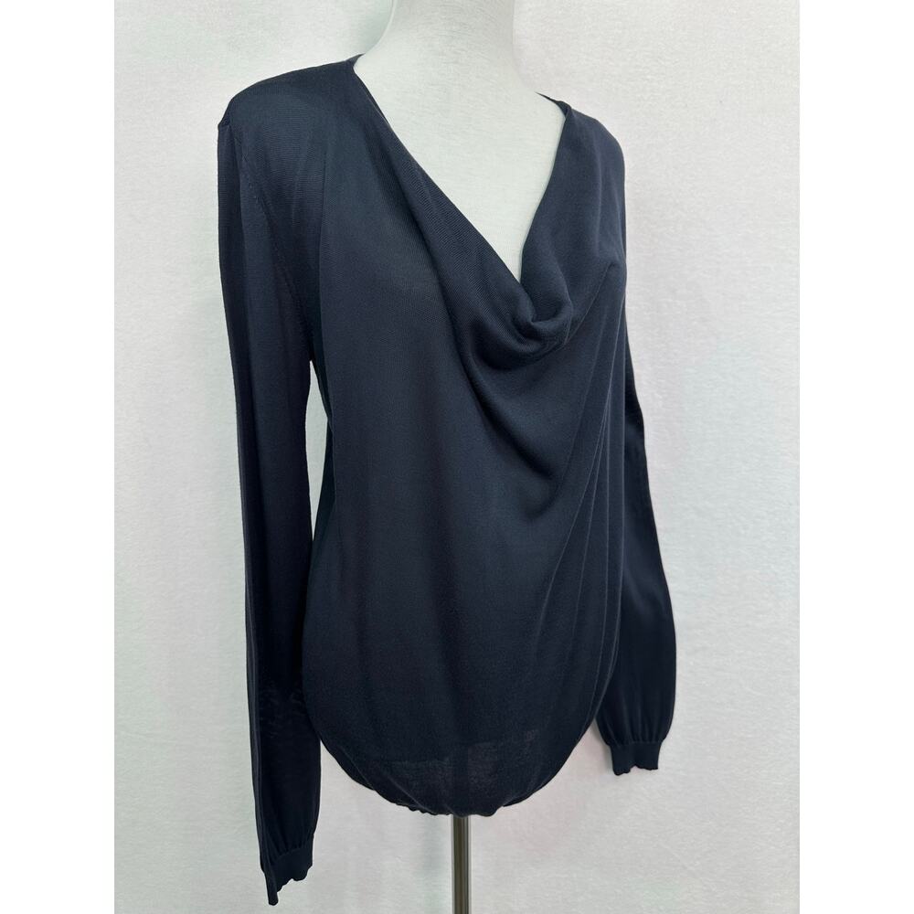TSE 100% Silk Italian Dark Navy Cowl Neck Long Sleeve Knit Top Size Large - Picture 3 of 13